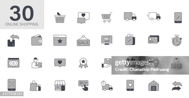 online shopping icon set. solid icon collection. vector illustration. stock illustration icon symbol, retail, shopping, store, business - exchanging gift stock illustrations