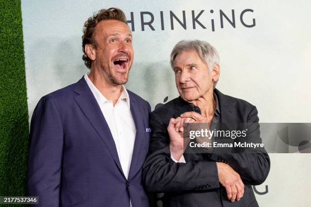 Jason Segel and Harrison Ford attend the season 2 world premiere of Apple TV+'s "Shrinking" at Pacific Design Center on October 08, 2024 in West...
