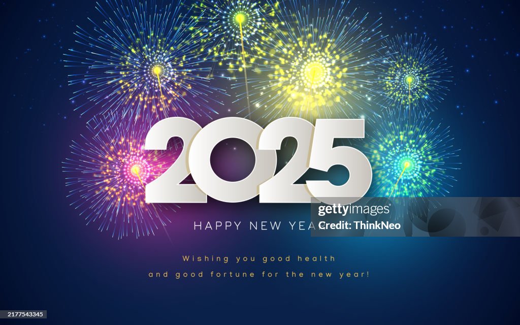 2025 date on fireworks background, new year card