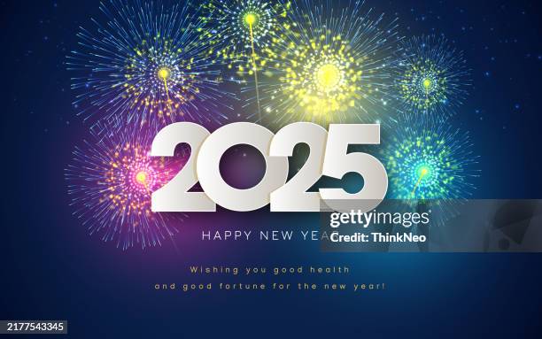 ilustrações de stock, clip art, desenhos animados e ícones de 2025 date on fireworks background, new year card - cartão de ano novo