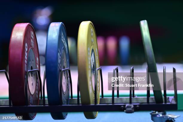 General view of weights on a bench at the start of the Youth Men's Weightlifting 55kg Group A Competition competition on day seven of the Saudi Games...