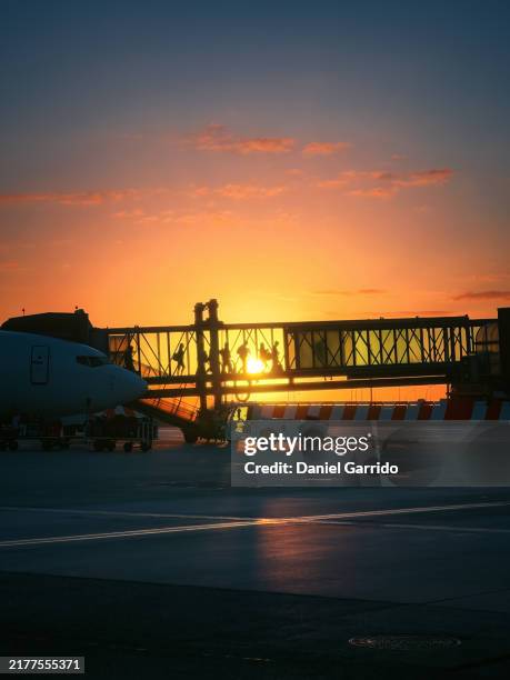 passengers disembarking from a plane at dawn. - arrival stock pictures, royalty-free photos & images