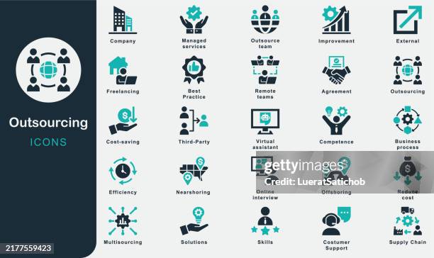 outsourcing solid icons collection.containing business, service, technology, marketing, company, improvement, external, competence, cost-saving, online interview, reduce cost, benefits, efficiency - outsourcing stock illustrations