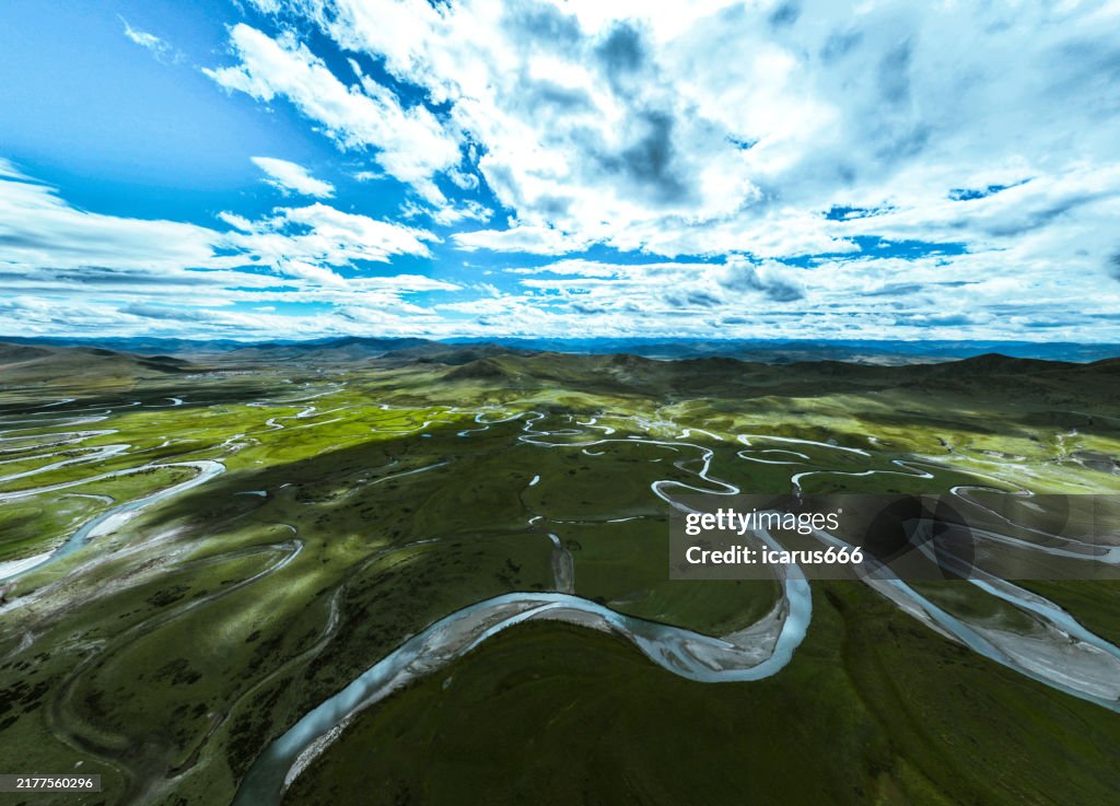 Wide angle shooting of winding rivers on grasslands