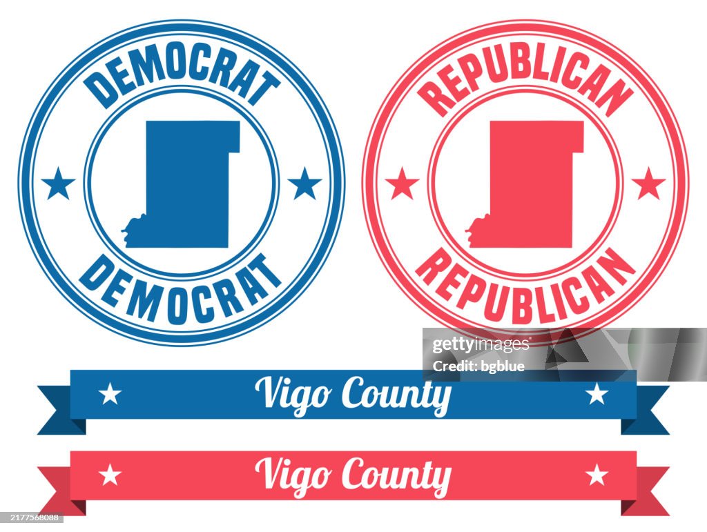 Vigo County, Indiana. Map on rubber stamp with banner
