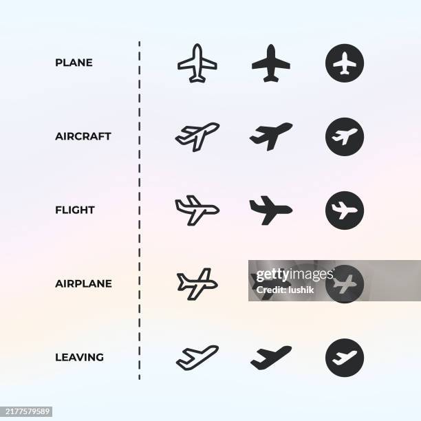 airplane icon set. editable stroke weight. pixel perfect. line- and solid-style icons. - aerospace software stock illustrations