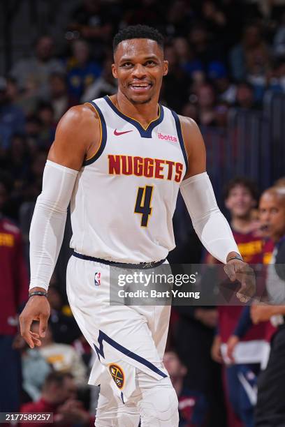 Russell Westbrook of the Denver Nuggets smile during the game against the Phoenix Suns on October 13, 2024 at Ball Arena in Denver, Colorado. NOTE TO...