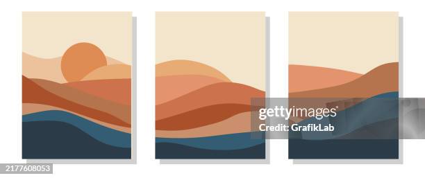 set of abstract landscape posters. nature backgrounds. vector illustration - triptych stock illustrations