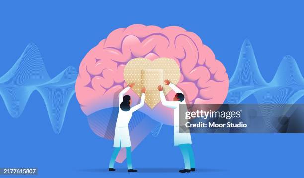 ilustraciones, imágenes clip art, dibujos animados e iconos de stock de dos médicos que tratan una ilustración vectorial del cerebro - enfermedad de alzheimer