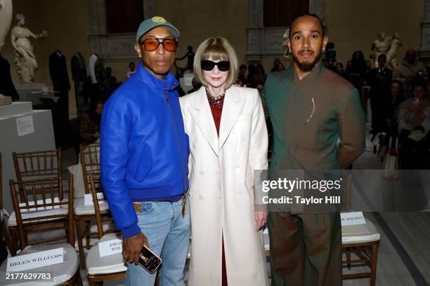 Pharrell Williams, Anna Wintour, and Lewis Hamilton attend a press conference announcing the Spring 2025 Costume Institute exhibition "Superfine:...