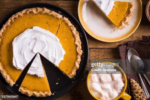 thanksgiving day pumpkin pie and mug of hot chocolate with marshmallows - tourte à la citrouille photos et images de collection