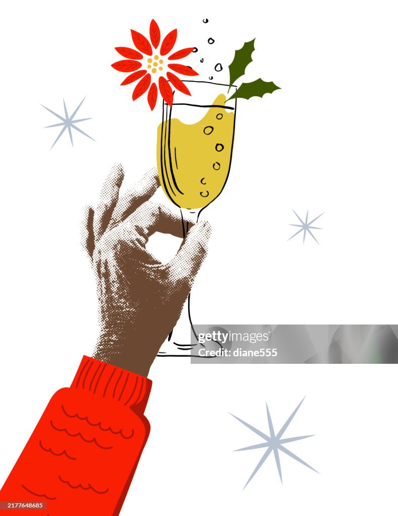 Holiday Celebration Collage On A Transparent Background. Halftone Hand Holding A Champagne Glass