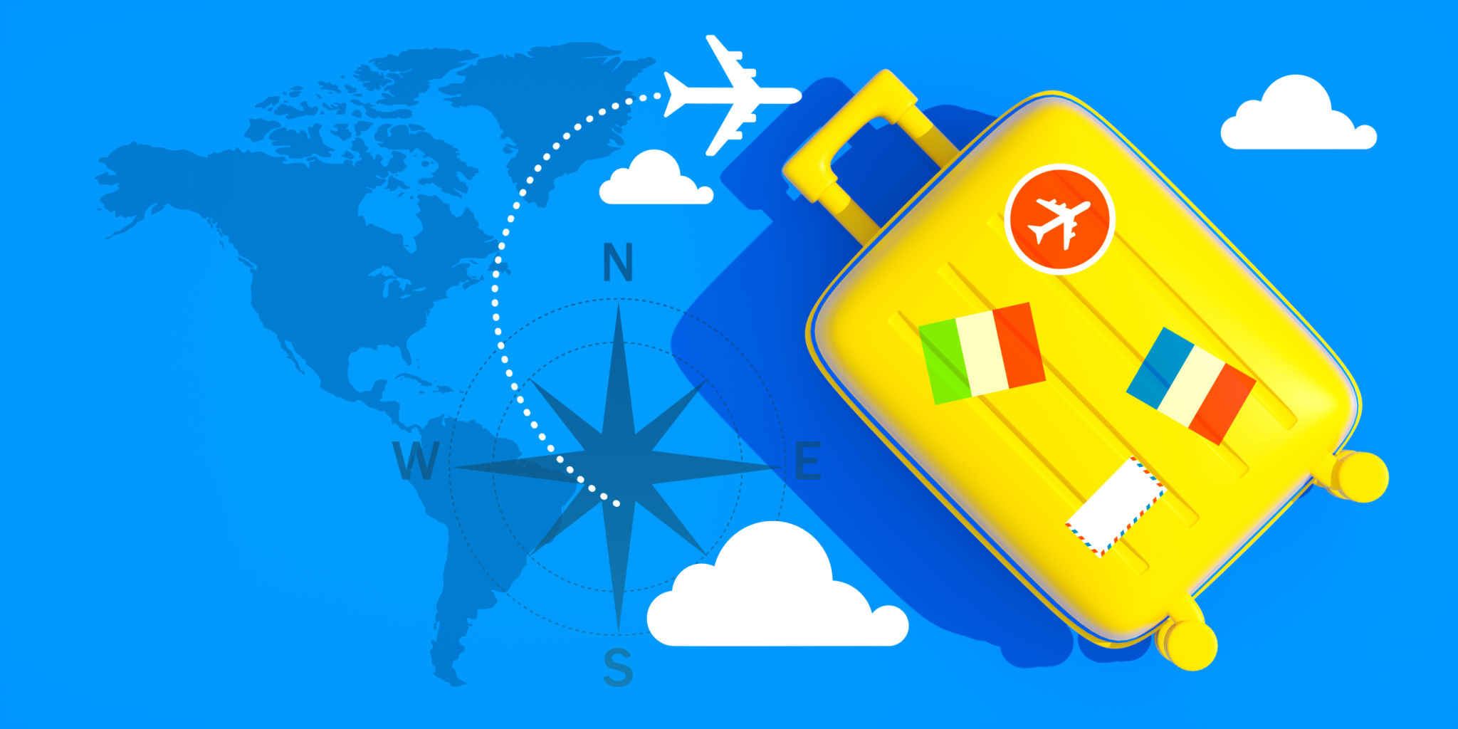 Air Travel Journey: World Map with Airplane Icon and Travel Stickers on Suitcase Air Travel Journey: World Map with Airplane Icon and Travel Stickers on Suitcase