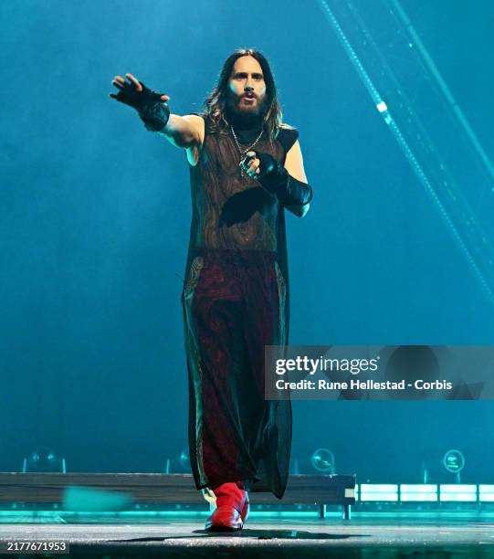 Jared Leto of Thirty Seconds to Mars performs at Oslo Spektrum Arena on October 9, 2024 in Oslo, Norway.