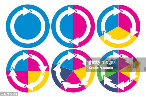 multicolored circular charts for infographics and data visualization - creative-recycle-symbol-drawing stock illustrations