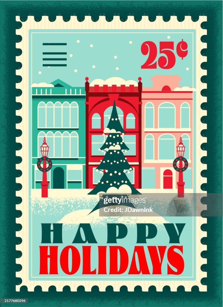 Frohe Feiertage Briefmarke mit viktorianischer Straße in der Innenstadt mit Schaufenstern und Weihnachtsdekorationen