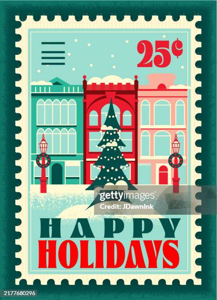ilustraciones, imágenes clip art, dibujos animados e iconos de stock de sello postal de felices fiestas con calle victoriana del centro con escaparates y decoraciones navideñas - christmas letter