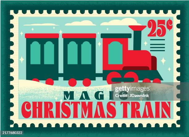 magic christmas train express delivery postage stamp with train and snowy scene - vehicle-features-icon stock illustrations