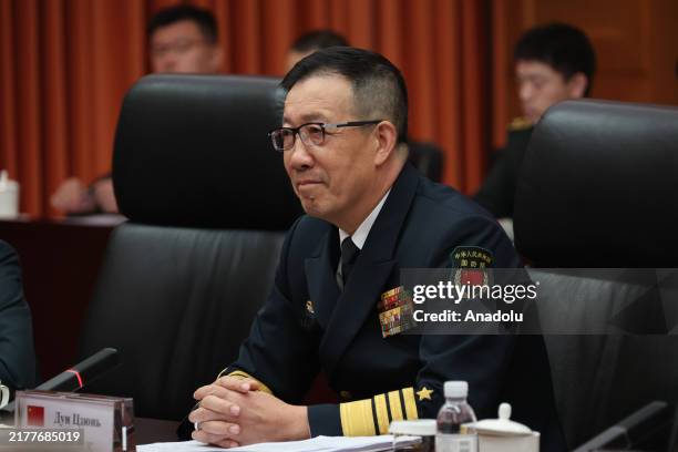 Chinese Defense Minister Admiral Dong Jun meets with Russian Defense Minister Andrei Belousov in Beijing, China on October 14, 2024.