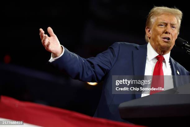 Republican presidential nominee, former U.S. President Donald Trump delivers remarks at a campaign rally at the Santander Arena on October 09, 2024...