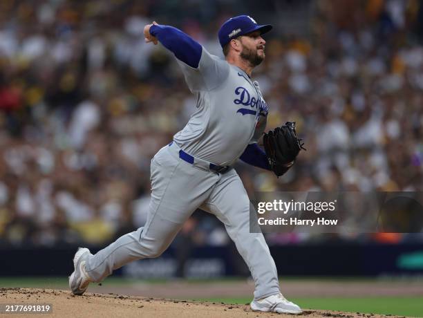 Ryan Brasier of the Los Angeles Dodgers pitches in the first inning against the San Diego Padres during Game Four of the Division Series at Petco...