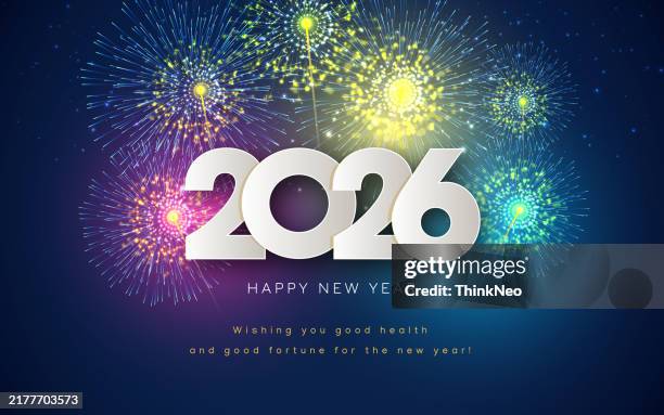 stockillustraties, clipart, cartoons en iconen met 2026 date on fireworks background, new year card - oudjaarsavond