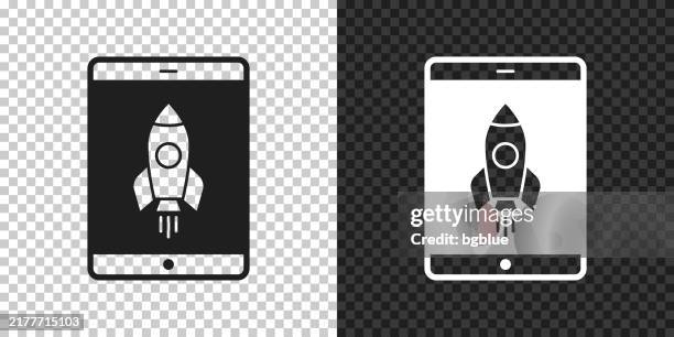 tablet pc with rocket. icon for design on blank background - using tablet isolated stock illustrations