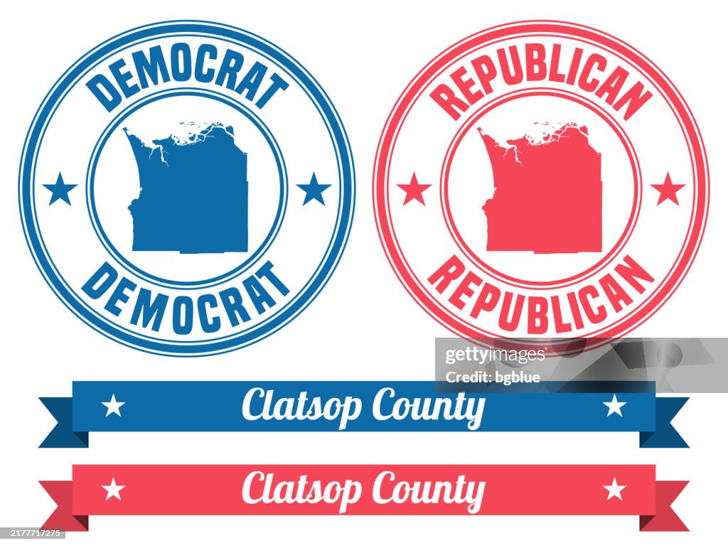 Clatsop County, Oregon. Map on rubber stamp with banner