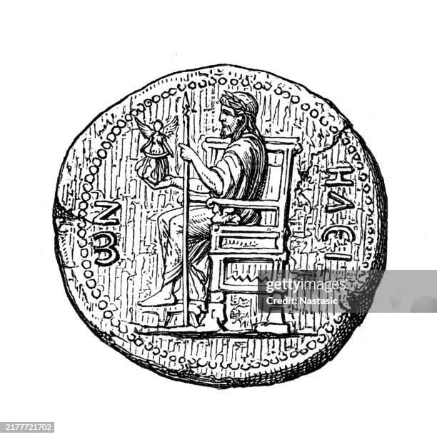 hadrian coin from elis with the image of olympian zeus - statue of zeus at olympia stock illustrations