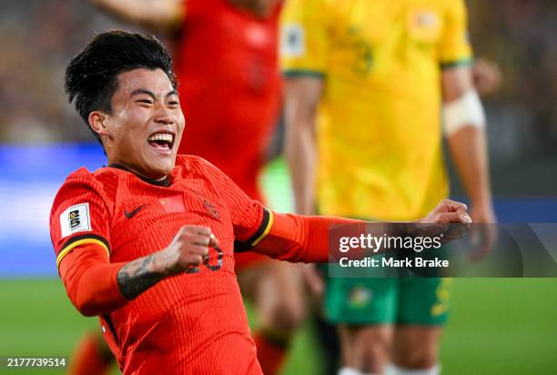 Wenneng Xie of China PR celebrates after scoring his teams first goal during the third round FIFA World Cup 2026 Qualifier match between Australia...