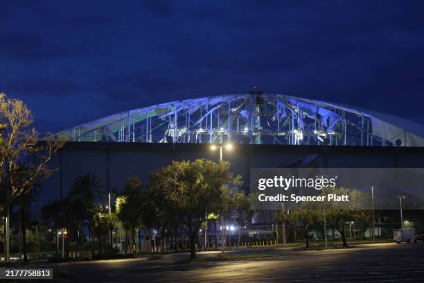 The roof at Tropicana Field, the home of the Tampa Bay Rays, sustained major damage because of high winds associated with Hurricane Milton on October...