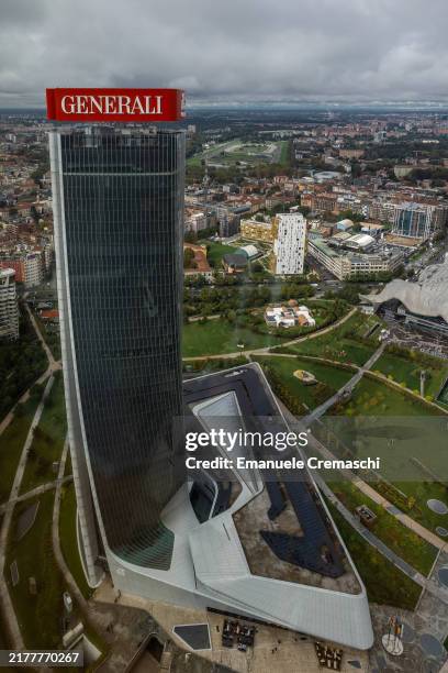 General view of the Generali Tower, aka "The Twisted One", a skyscraper hosting the headquarters of Italian insurance company Assicurazioni Generali,...