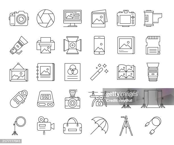 bildbanksillustrationer, clip art samt tecknat material och ikoner med photography line icon set. camera, studio, lens, backdrop, retouching. - backstage