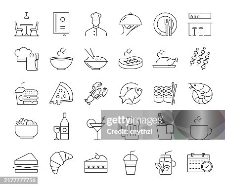 Restaurant and Food Line Icon Set. Chef, Menu, Serving, Bar, Cutlery. Restaurant and Food Line Icon Set. Chef, Menu, Serving, Bar, Cutlery.