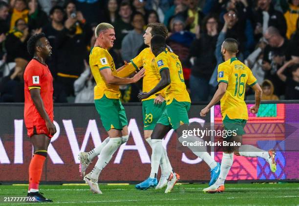 Lewis Miller of the Socceroos celebrates after scoring his teams first goal during the third round FIFA World Cup 2026 Qualifier match between...