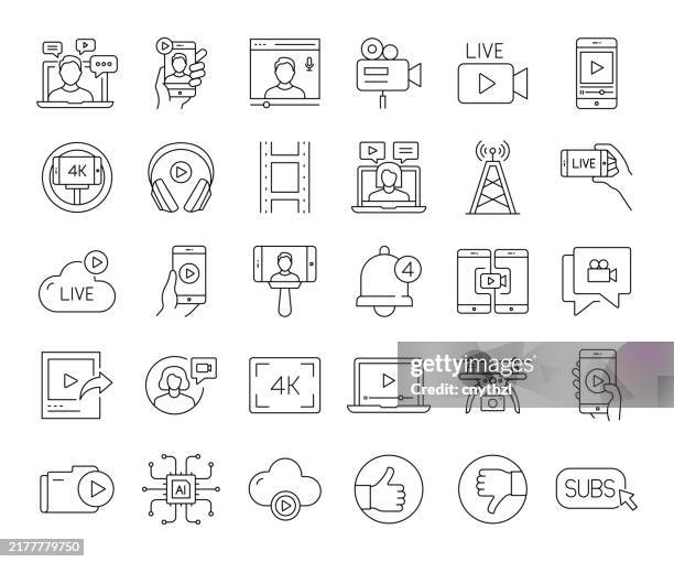 video content and vlogging line icon set. youtuber, influencer, broadcasting, live stream. - phone tripod icon stock illustrations