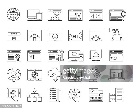 Web Development Line Icon Set. Developer, Coding, Landpage, SEO, Network Server. Web Development Line Icon Set. Developer, Coding, Landpage, SEO, Network Server.