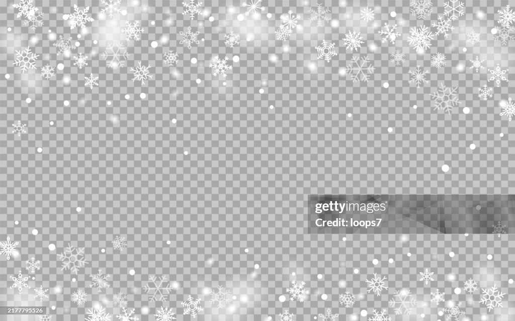 Zarte Schneeflocken auf transparentem Hintergrund. Schneeflocken-Overlay-Hintergrund