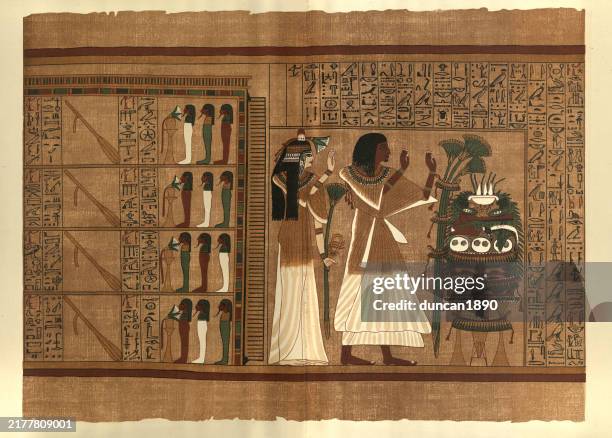ancient egyptian papyrus, mythology, history egpyt, art, ani and his wife, hall and four rudders of heaven, gods - ancient egyptian culture stock illustrations