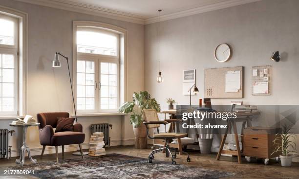 digitally rendered reading nook with elegant armchairs and bookshelves - thuis werken stockfoto's en -beelden