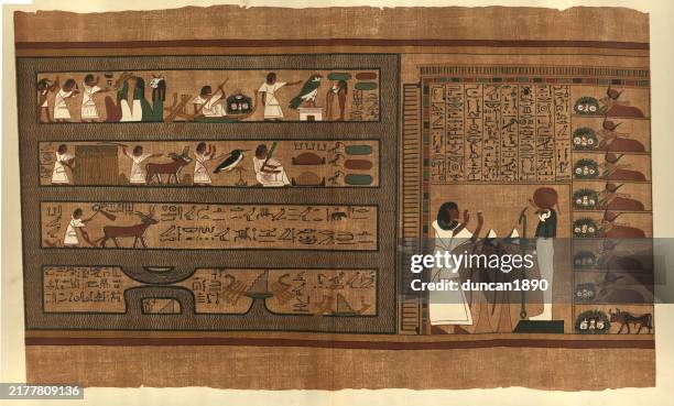 illustrazioni stock, clip art, cartoni animati e icone di tendenza di papiro egizio antico, mitologia, storia egpyt, arte, ani nei campi elisi, thoth, triade degli dei - cerimonia