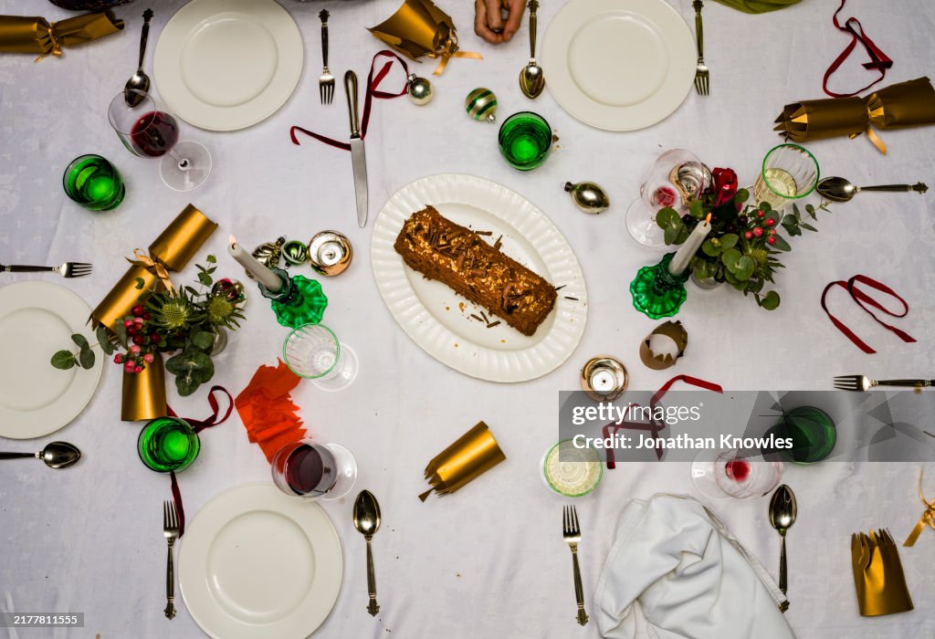 View from above chocolate Christmas Yule Log cake on table