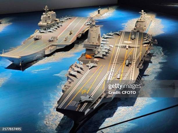 Chinese navy aircraft carrier formation is displayed at the National Maritime Museum in Tianjin, China, October 4, 2024.
