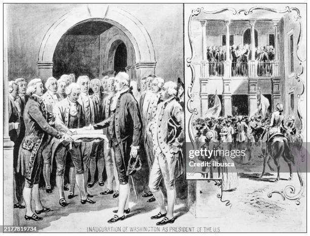 history and landmarks of usa: inauguration, george washington, first president of the usa - george washington stock illustrations