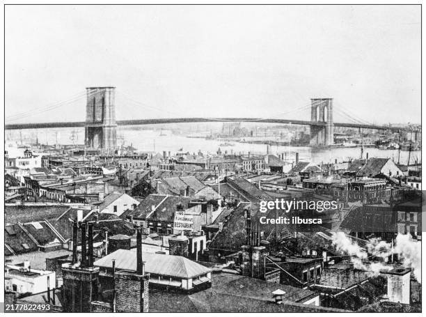 history and landmarks of usa: brooklyn bridge - brooklyn bridge park stock illustrations