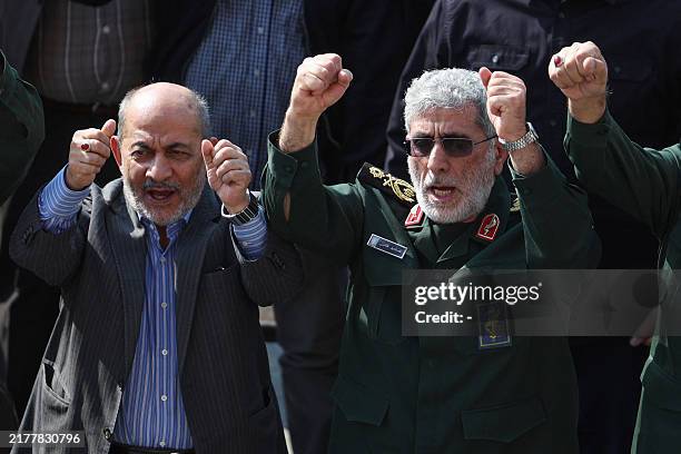 Head of Iran's Islamic Revolutionary Guards Quds force Esmail Qaani gestures during the funeral ceremony for slain Guards commander Abbas...