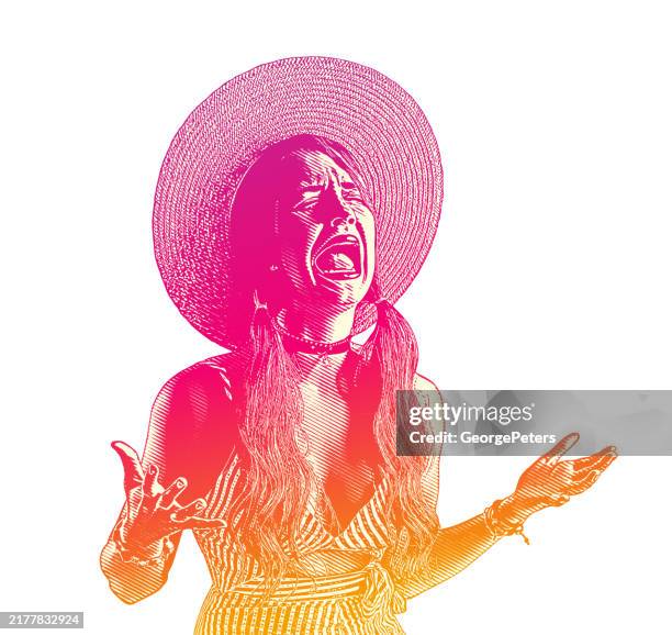 boho, hippie woman crying - sun hat isolated stock illustrations