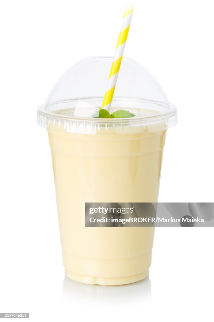 Banana smoothie drink milkshake milkshake in plastic cup, cutout, white background