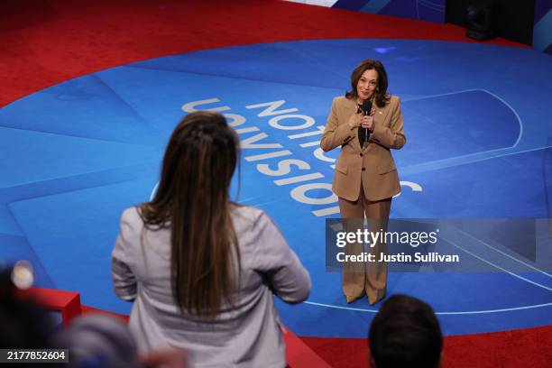Democratic presidential nominee, U.S. Vice President Kamala Harris, reacts as she takes a question from a member of the audience during a Univision...