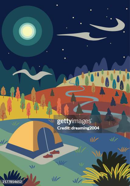 starlit autumn camping illustration - fall campfire stock illustrations